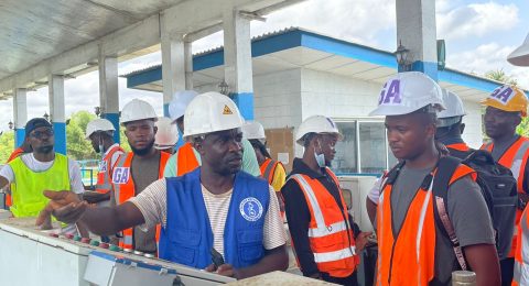 A LWSC expert take students through some of the water safety procedures at the Corporation’s treatment Plant in White Plain, Rural Montserrado County