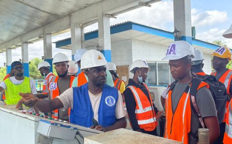 A LWSC expert take students through some of the water safety procedures at the Corporation’s treatment Plant in White Plain, Rural Montserrado County