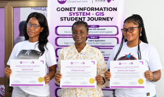 Aritha M. Clarke – Student Engagement & Service, Christina G. Heah – Content & Visual Media, and Dieboi Jennifer Doegbee – Monitoring & Evaluation with their certificates
