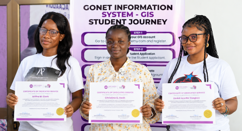 Aritha M. Clarke – Student Engagement & Service, Christina G. Heah – Content & Visual Media, and Dieboi Jennifer Doegbee – Monitoring & Evaluation with their certificates