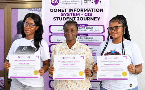 Aritha M. Clarke – Student Engagement & Service, Christina G. Heah – Content & Visual Media, and Dieboi Jennifer Doegbee – Monitoring & Evaluation with their certificates