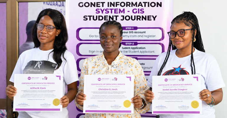 Aritha M. Clarke – Student Engagement & Service, Christina G. Heah – Content & Visual Media, and Dieboi Jennifer Doegbee – Monitoring & Evaluation with their certificates