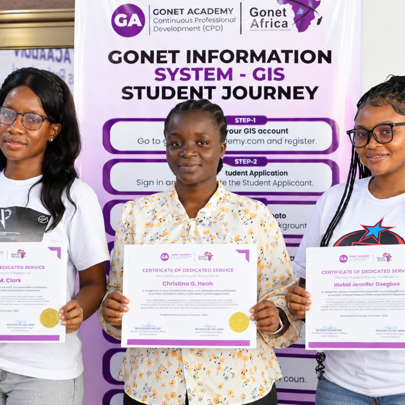 Aritha M. Clarke – Student Engagement & Service, Christina G. Heah – Content & Visual Media, and Dieboi Jennifer Doegbee – Monitoring & Evaluation with their certificates